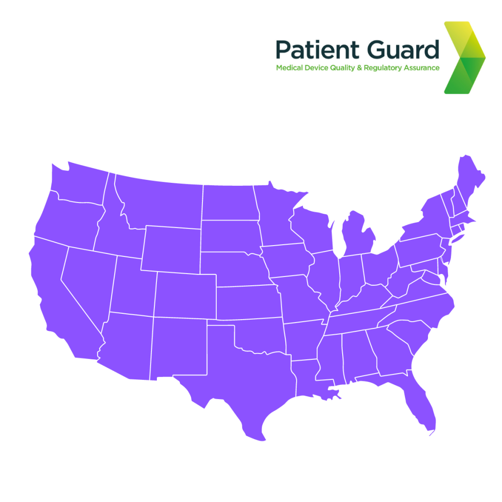 Map of the USA with patient guards logo in the top right hand corner.