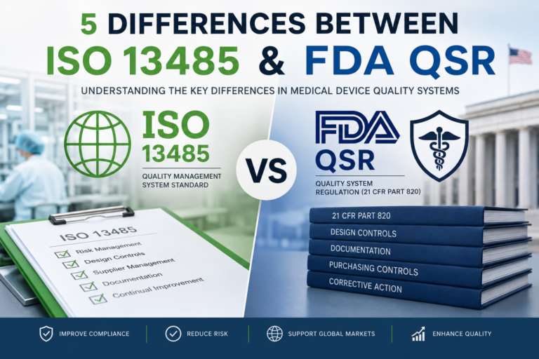 Hero image comparing ISO 13485 and the FDA Quality System Regulation (21 CFR Part 820/QMSR), illustrating the key differences between international and US medical device quality management systems, including risk management, design controls, documentation, supplier management and regulatory compliance.