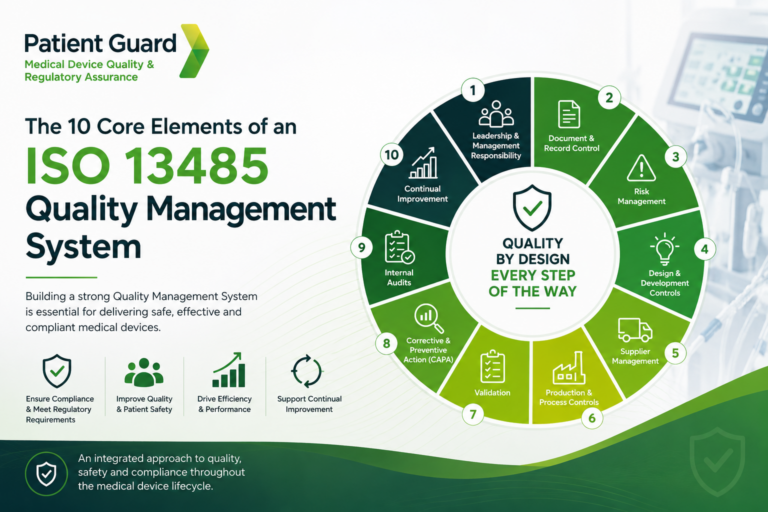 Patient Guard hero image illustrating the core elements of an ISO 13485 Quality Management System, including leadership, document control, risk management, design and development, supplier management, validation, internal audits, CAPA and continual improvement for medical device manufacturers.