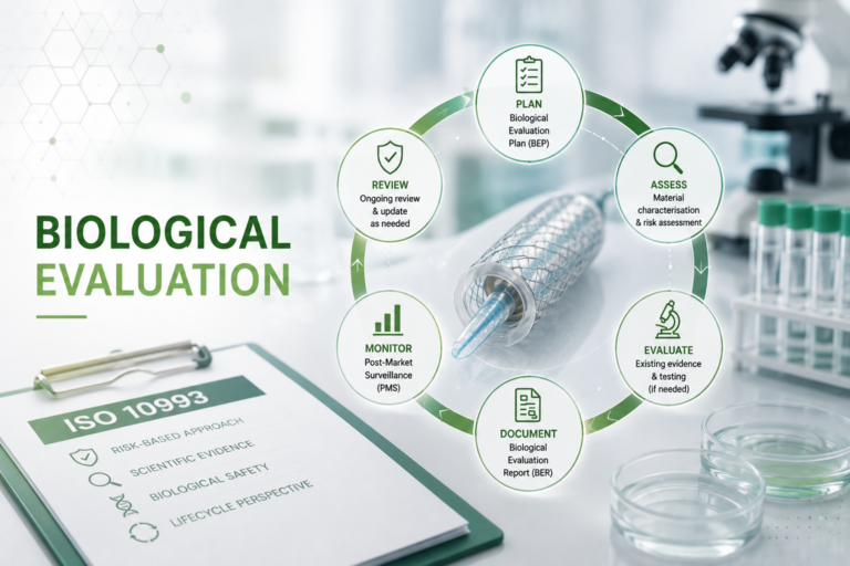 Illustration showing the biological evaluation of a medical device under ISO 10993, highlighting the risk-based process from the Biological Evaluation Plan (BEP) through biological assessment, Biological Evaluation Report (BER), Post-Market Surveillance (PMS), and integration with ISO 14971 Risk Management throughout the medical device lifecycle.