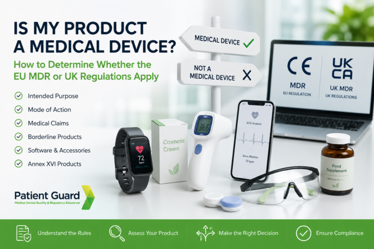 Hero image illustrating the process of determining whether a product is a medical device, featuring examples of medical and non-medical products alongside CE Marking and UKCA symbols, highlighting intended purpose, mode of action, medical claims, borderline products and the regulatory pathway under the EU MDR and UK Medical Devices Regulations.