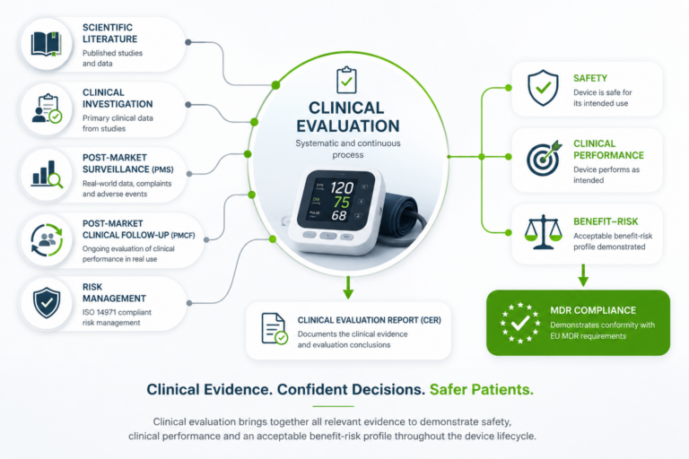 Illustration showing the medical device clinical evaluation process under the EU MDR, with scientific literature, clinical investigations, Post-Market Surveillance, Post-Market Clinical Follow-up, risk management and Clinical Evaluation Reports combining to demonstrate device safety, clinical performance and an acceptable benefit-risk profile for CE marking.