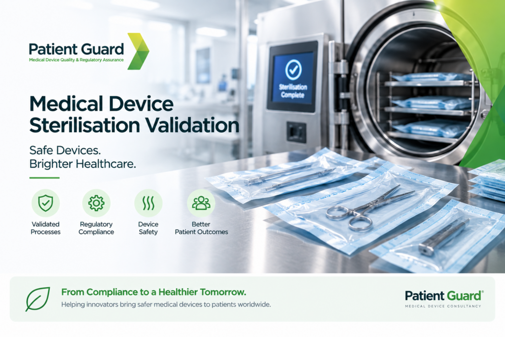 Medical device sterilisation validation showing sterile packaged devices and validated sterilisation processes.