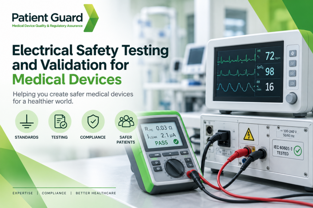 Electrical safety testing of a medical device in accordance with IEC 60601-1 requirements.