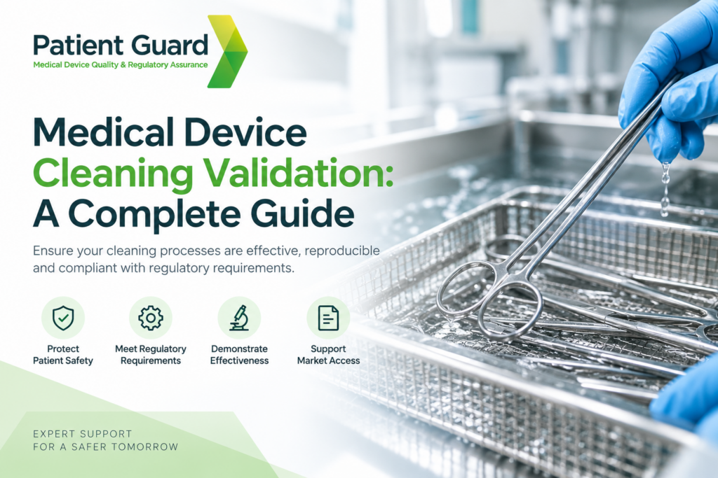 Medical device cleaning validation showing reusable surgical instruments undergoing a controlled cleaning process.