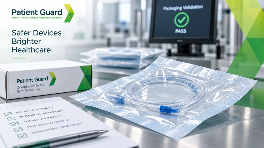 Medical device packaging validation showing sterile barrier packaging and ISO 11607 compliance testing.
