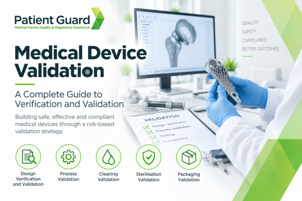 Medical device validation showing design verification, process validation, cleaning, sterilisation and packaging validation for medical device compliance.