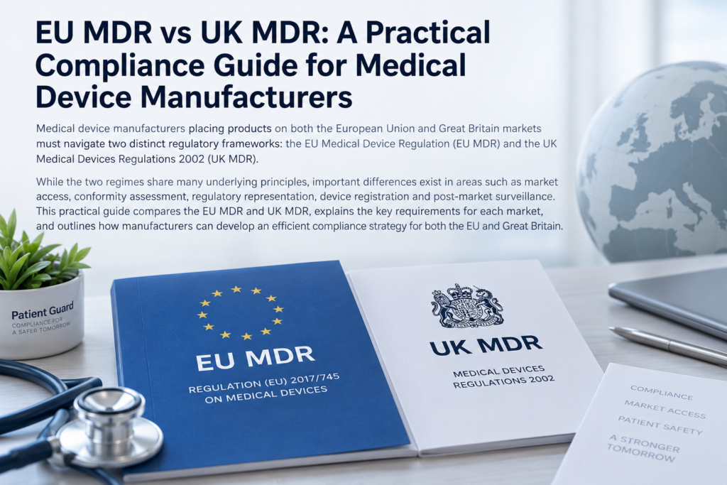 EU MDR and UK MDR medical device regulations illustrating regulatory compliance and market access requirements for the EU and Great Britain.