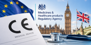 CE-marked medical device with EU and UK flags, MHRA branding and Big Ben, illustrating indefinite CE marking recognition in Great Britain.